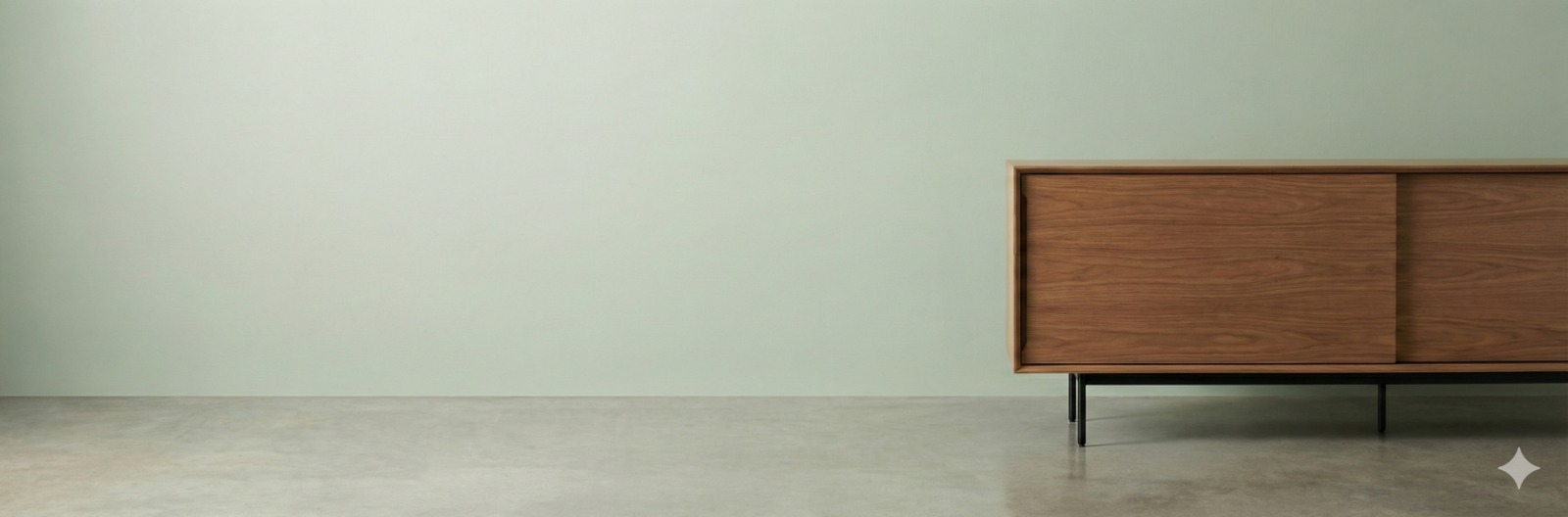 Sideboard minimal com fundo verde suave e produto à direita