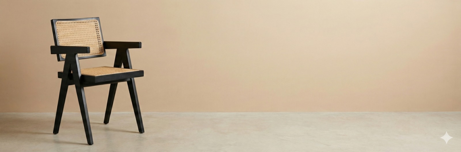 Cadeira preta em estúdio com fundo em degradê quente e produto à esquerda